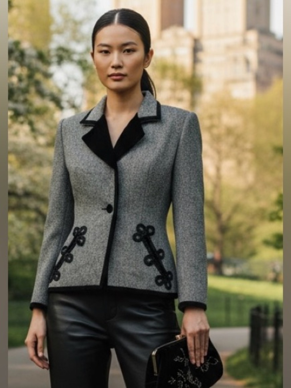 Vintage Oscar de la Renta Wool Grey Tweed Blazer Black Velvet Trim Soutache 6